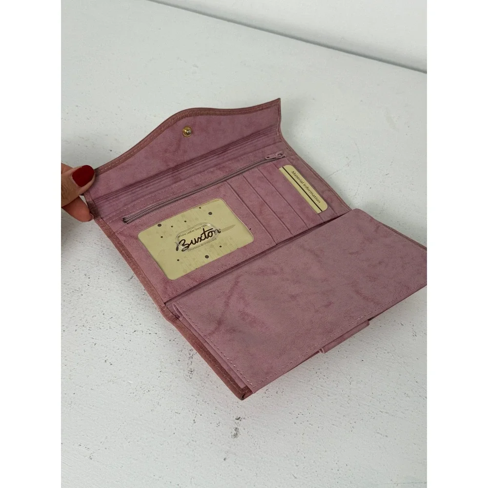 Buxton Women Pink Top Grain Cowhide Leather Clutch Wallet Kiss Lock Organizer